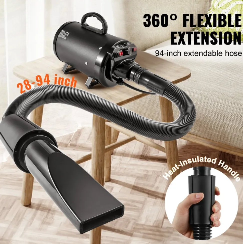 VEVOR Dog Dryer, 2000W/2.7HP Dog Blow Dryer, Pet Grooming Dryer with Adjustable Speed and Temperature Control, Pet Hair Dryer with 4 Nozzles and Extendable Hose, Black