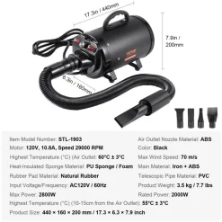 VEVOR Dog Dryer, 2000W/2.7HP Dog Blow Dryer, Pet Grooming Dryer with Adjustable Speed and Temperature Control, Pet Hair Dryer with 4 Nozzles and Extendable Hose, Black