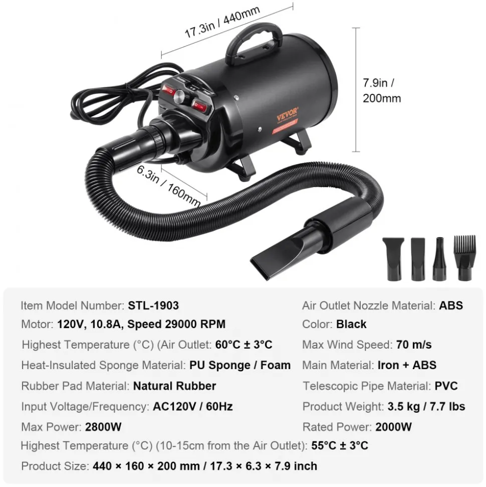 VEVOR Dog Dryer, 2000W/2.7HP Dog Blow Dryer, Pet Grooming Dryer with Adjustable Speed and Temperature Control, Pet Hair Dryer with 4 Nozzles and Extendable Hose, Black