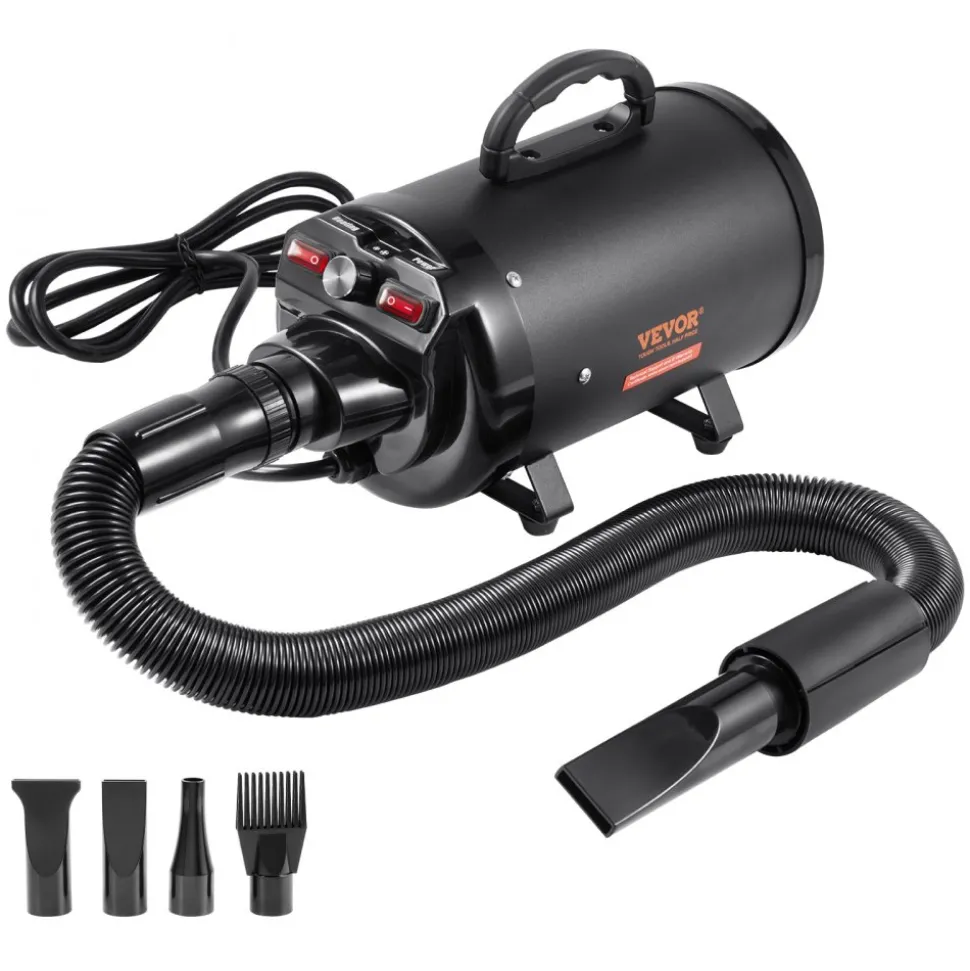 VEVOR Dog Dryer, 2000W/2.7HP Dog Blow Dryer, Pet Grooming Dryer with Adjustable Speed and Temperature Control, Pet Hair Dryer with 4 Nozzles and Extendable Hose, Black