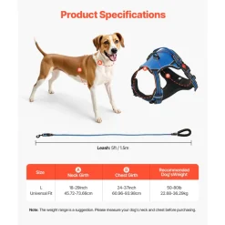 VEVOR Dog Harness for Large Dogs, No Pull Adjustable Dog Vest Pet Harness, with 5ft Leash, Handle, Metal Rings, Buckles, Reflective Stitching 600D Oxford Fabric, for Training, Walking, and Hiking