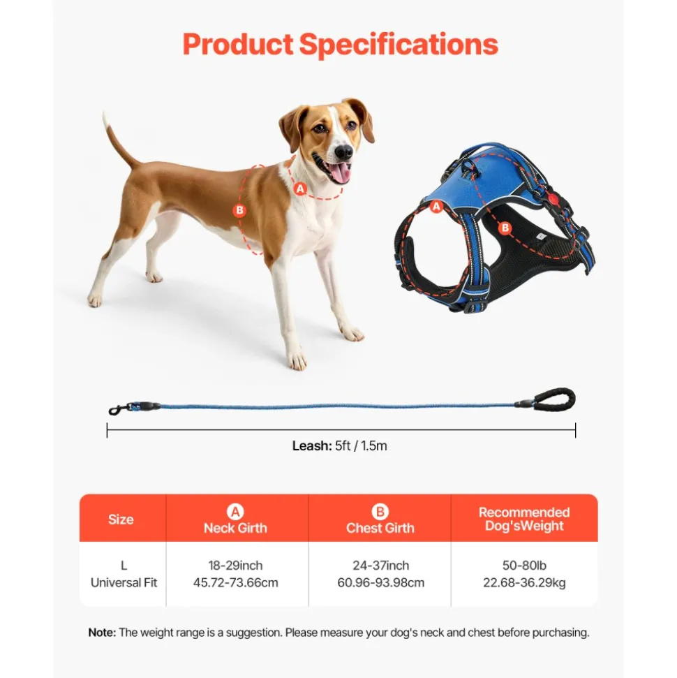VEVOR Dog Harness for Large Dogs, No Pull Adjustable Dog Vest Pet Harness, with 5ft Leash, Handle, Metal Rings, Buckles, Reflective Stitching 600D Oxford Fabric, for Training, Walking, and Hiking