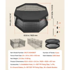 VEVOR Dog Playpen 24 Inch 8 Panels Exercise Pen with Top Cover & Bottom Pad, Indoor Foldable Metal Pet Fence with Door, Heavy Duty Puppy Crate Kennel Pen for Dogs, Cats, and Other Small Animals, Black