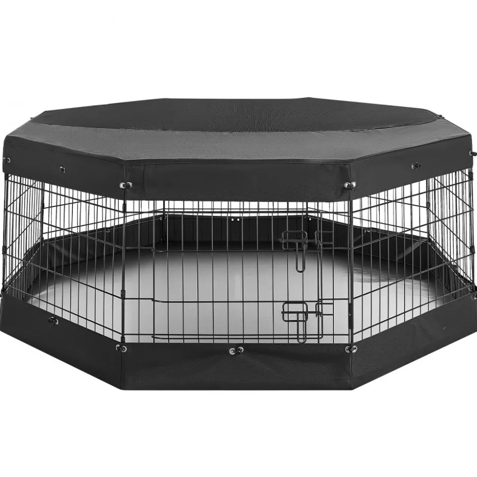 VEVOR Dog Playpen 24 Inch 8 Panels Exercise Pen with Top Cover & Bottom Pad, Indoor Foldable Metal Pet Fence with Door, Heavy Duty Puppy Crate Kennel Pen for Dogs, Cats, and Other Small Animals, Black