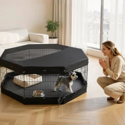 VEVOR Dog Playpen 24 Inch 8 Panels Exercise Pen with Top Cover & Bottom Pad, Indoor Foldable Metal Pet Fence with Door, Heavy Duty Puppy Crate Kennel Pen for Dogs, Cats, and Other Small Animals, Black