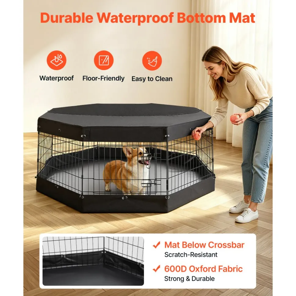 VEVOR Dog Playpen 24 Inch 8 Panels Exercise Pen with Top Cover & Bottom Pad, Indoor Foldable Metal Pet Fence with Door, Heavy Duty Puppy Crate Kennel Pen for Dogs, Cats, and Other Small Animals, Black