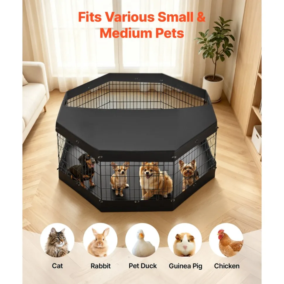 VEVOR Dog Playpen 24 Inch 8 Panels Exercise Pen with Top Cover & Bottom Pad, Indoor Foldable Metal Pet Fence with Door, Heavy Duty Puppy Crate Kennel Pen for Dogs, Cats, and Other Small Animals, Black