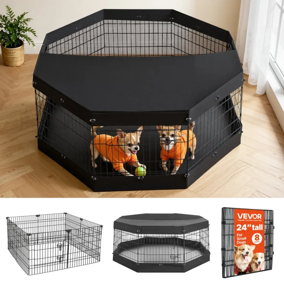 VEVOR Dog Playpen 24 Inch 8 Panels Exercise Pen with Top Cover & Bottom Pad, Indoor Foldable Metal Pet Fence with Door, Heavy Duty Puppy Crate Kennel Pen for Dogs, Cats, and Other Small Animals, Black