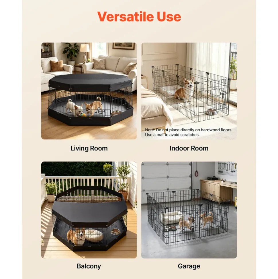 VEVOR Dog Playpen 24 Inch 8 Panels Exercise Pen with Top Cover & Bottom Pad, Indoor Foldable Metal Pet Fence with Door, Heavy Duty Puppy Crate Kennel Pen for Dogs, Cats, and Other Small Animals, Black
