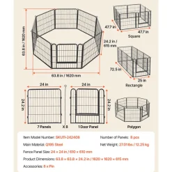 VEVOR Dog Playpen 24 Inch 8 Panels Foldable Metal Exercise Pen Pet Fence, Indoor/Outdoor Heavy Duty Puppy Crate Kennel with Door for Dogs, Cats or Small Animals, Portable for RV Camping, Yard, Black