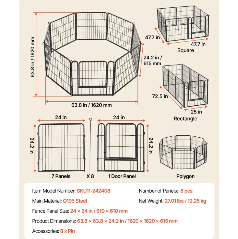VEVOR Dog Playpen 24 Inch 8 Panels Foldable Metal Exercise Pen Pet Fence, Indoor/Outdoor Heavy Duty Puppy Crate Kennel with Door for Dogs, Cats or Small Animals, Portable for RV Camping, Yard, Black