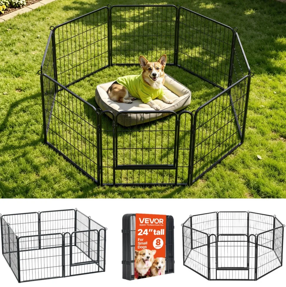 VEVOR Dog Playpen 24 Inch 8 Panels Foldable Metal Exercise Pen Pet Fence, Indoor/Outdoor Heavy Duty Puppy Crate Kennel with Door for Dogs, Cats or Small Animals, Portable for RV Camping, Yard, Black