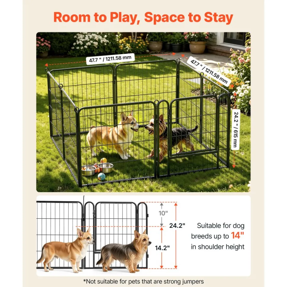 VEVOR Dog Playpen 24 Inch 8 Panels Foldable Metal Exercise Pen Pet Fence, Indoor/Outdoor Heavy Duty Puppy Crate Kennel with Door for Dogs, Cats or Small Animals, Portable for RV Camping, Yard, Black
