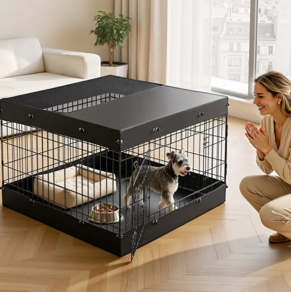VEVOR Dog Playpen 24 Inch 4 Panels Exercise Pen with Top Cover & Bottom Pad, Indoor Foldable Metal Pet Fence with Door, Heavy Duty Puppy Crate Kennel Pen for Dogs, Cats, and Other Small Animals, Black