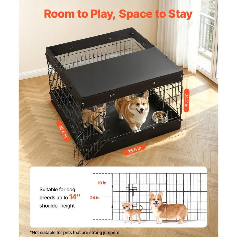 VEVOR Dog Playpen 24 Inch 4 Panels Exercise Pen with Top Cover & Bottom Pad, Indoor Foldable Metal Pet Fence with Door, Heavy Duty Puppy Crate Kennel Pen for Dogs, Cats, and Other Small Animals, Black