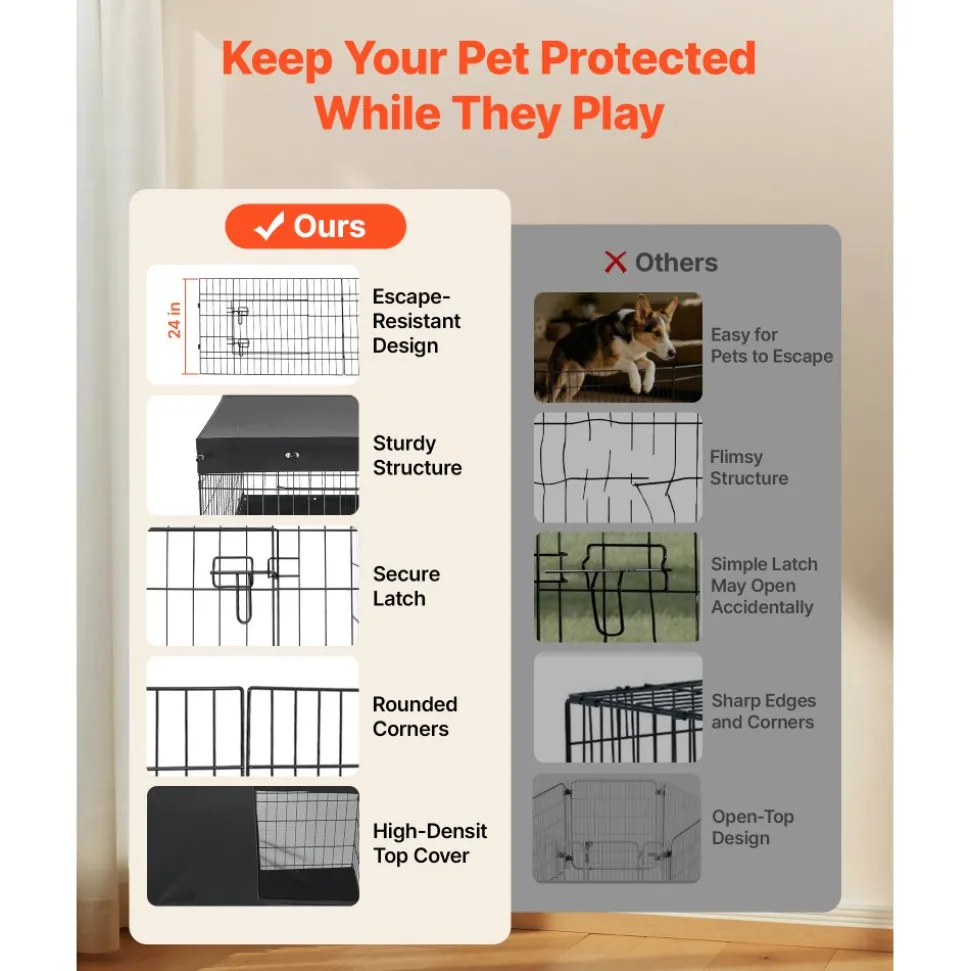 VEVOR Dog Playpen 24 Inch 4 Panels Exercise Pen with Top Cover & Bottom Pad, Indoor Foldable Metal Pet Fence with Door, Heavy Duty Puppy Crate Kennel Pen for Dogs, Cats, and Other Small Animals, Black