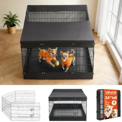 VEVOR Dog Playpen 24 Inch 4 Panels Exercise Pen with Top Cover & Bottom Pad, Indoor Foldable Metal Pet Fence with Door, Heavy Duty Puppy Crate Kennel Pen for Dogs, Cats, and Other Small Animals, Black