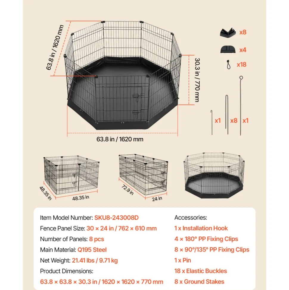 VEVOR Dog Playpen 30 Inch 8 Panels Foldable Exercise Pen with Bottom Pad, Indoor Metal Pet Fence with Door, Heavy Duty Puppy Crate Kennel, Pet Playpen for Dogs, Cats, and Other Small Animals, Black