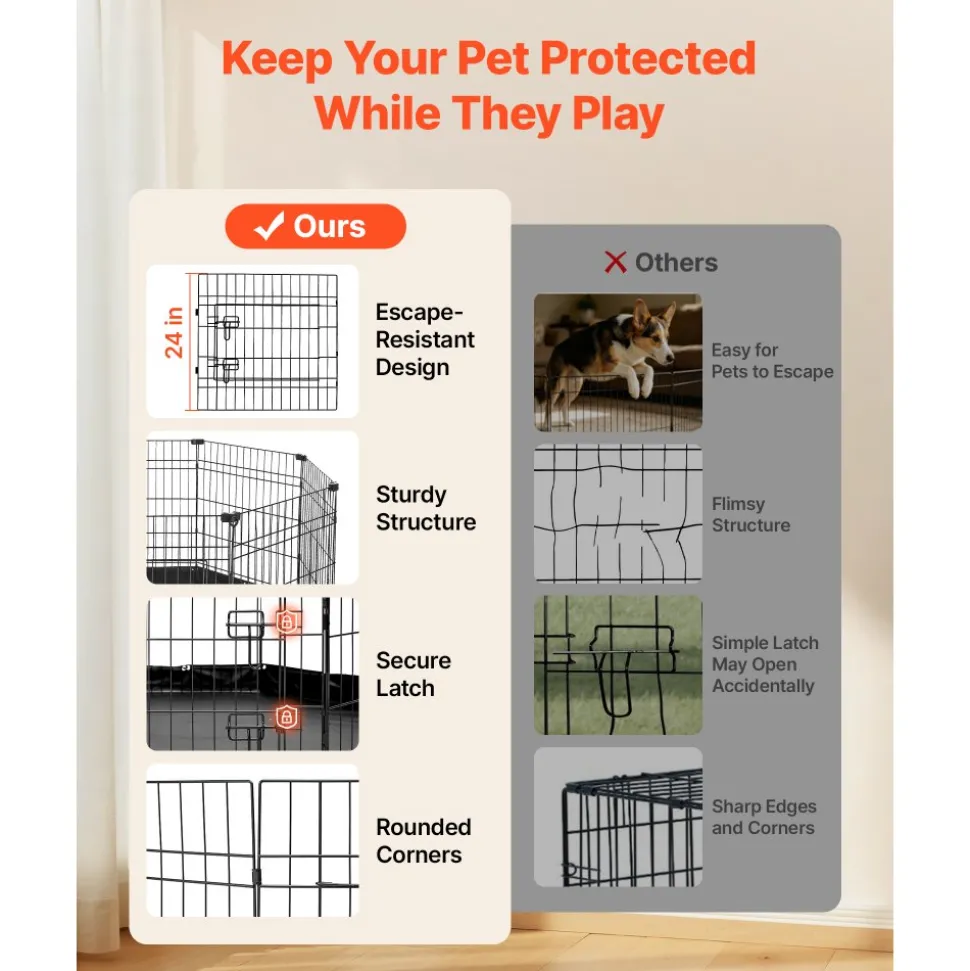 VEVOR Dog Playpen 30 Inch 8 Panels Foldable Exercise Pen with Bottom Pad, Indoor Metal Pet Fence with Door, Heavy Duty Puppy Crate Kennel, Pet Playpen for Dogs, Cats, and Other Small Animals, Black