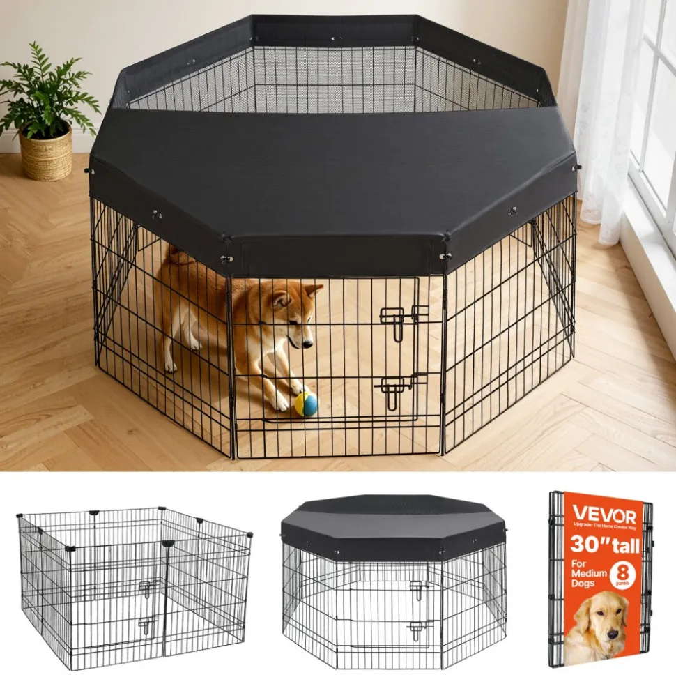 VEVOR Dog Playpen 30 Inch 8 Panels Foldable Exercise Pen with Top Cover, Indoor Metal Pet Fence with Door, Heavy Duty Puppy Crate Kennel, Pet Playpen for Dogs, Cats, and Other Small Animals, Black