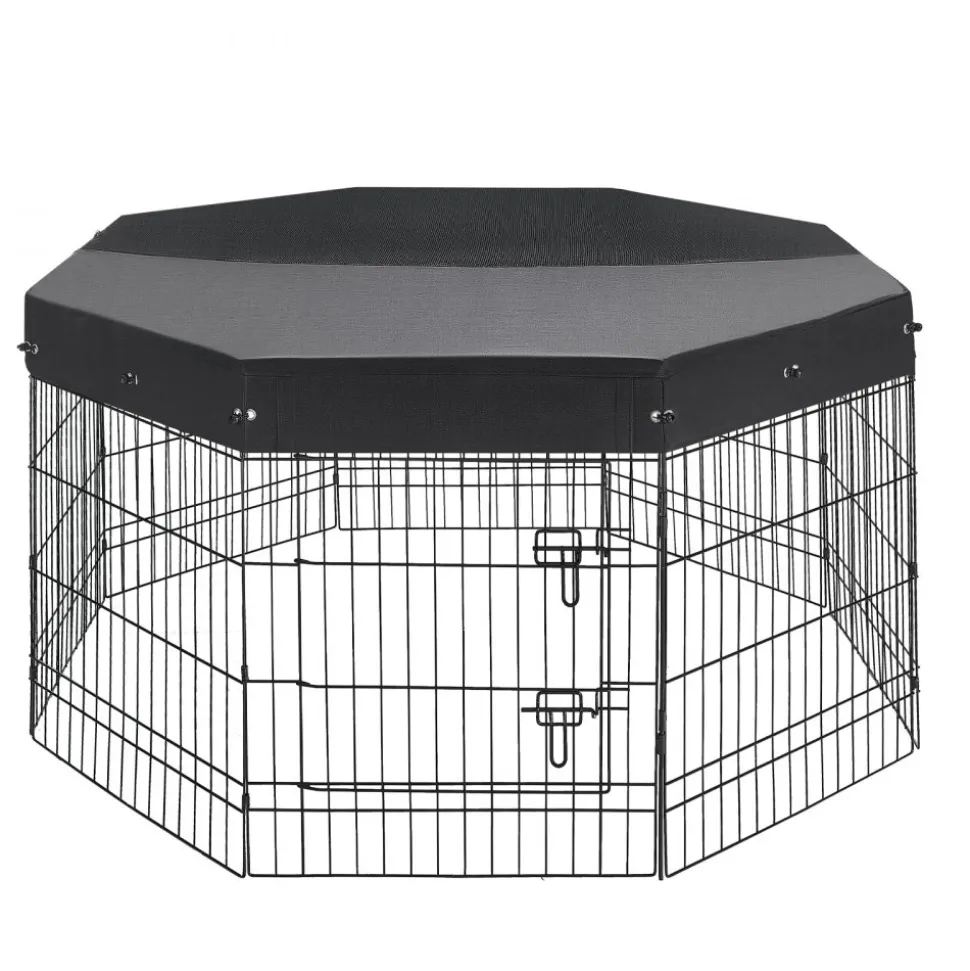 VEVOR Dog Playpen 30 Inch 8 Panels Foldable Exercise Pen with Top Cover, Indoor Metal Pet Fence with Door, Heavy Duty Puppy Crate Kennel, Pet Playpen for Dogs, Cats, and Other Small Animals, Black