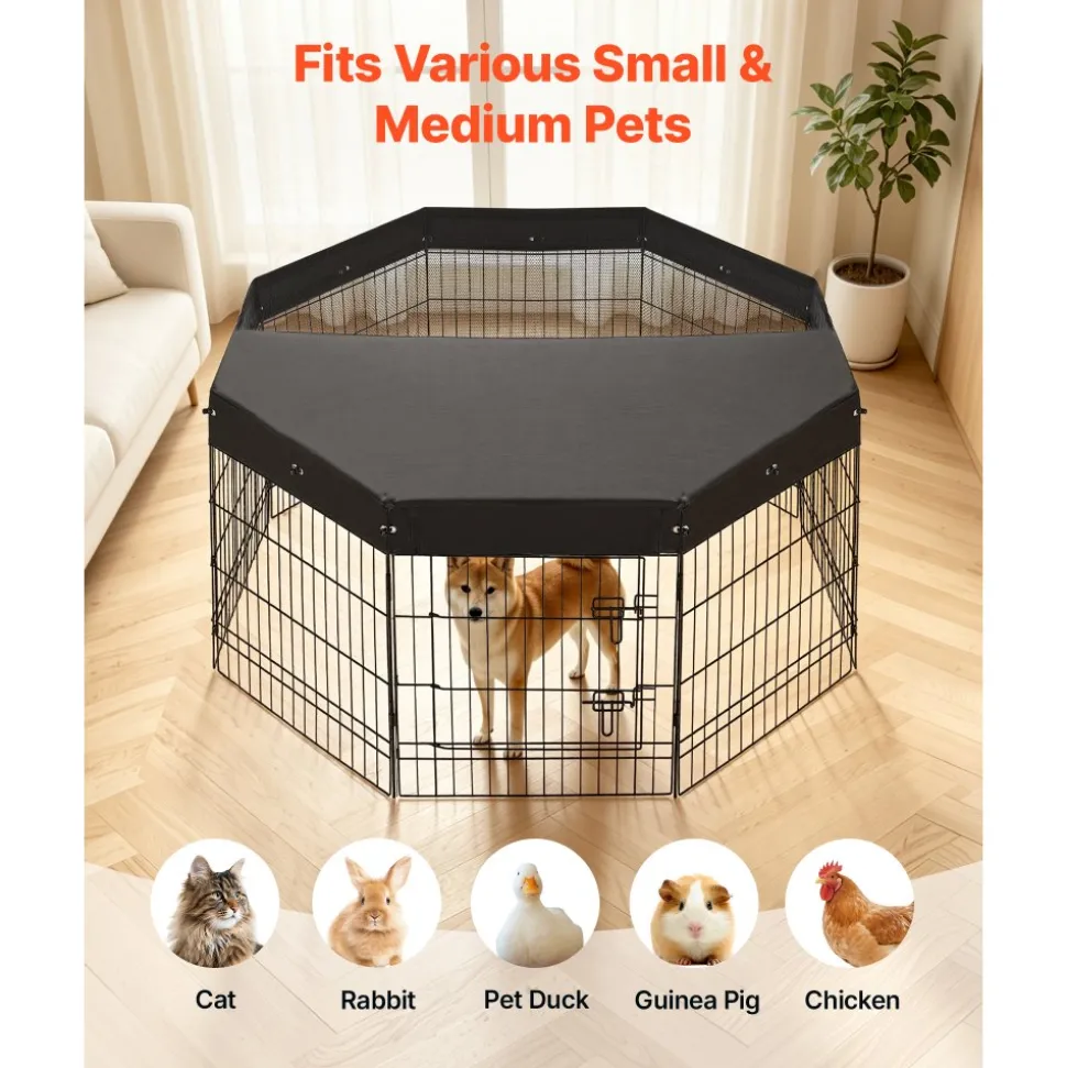 VEVOR Dog Playpen 30 Inch 8 Panels Foldable Exercise Pen with Top Cover, Indoor Metal Pet Fence with Door, Heavy Duty Puppy Crate Kennel, Pet Playpen for Dogs, Cats, and Other Small Animals, Black