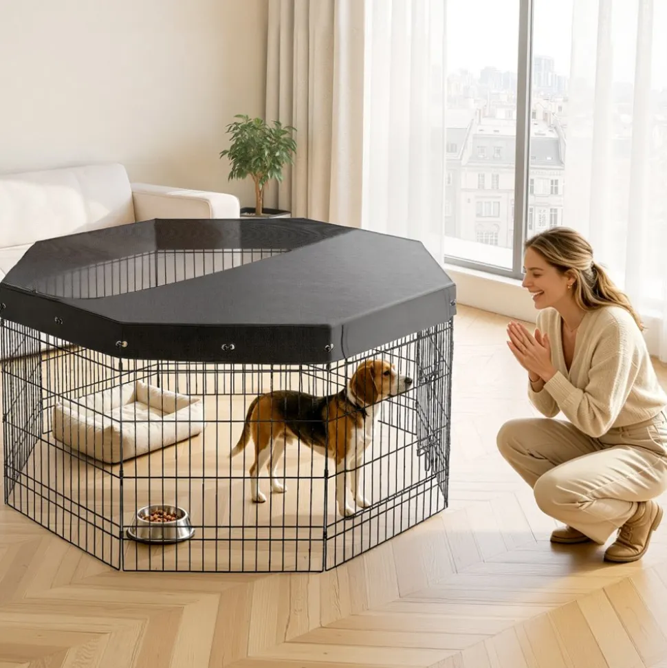 VEVOR Dog Playpen 30 Inch 8 Panels Foldable Exercise Pen with Top Cover, Indoor Metal Pet Fence with Door, Heavy Duty Puppy Crate Kennel, Pet Playpen for Dogs, Cats, and Other Small Animals, Black