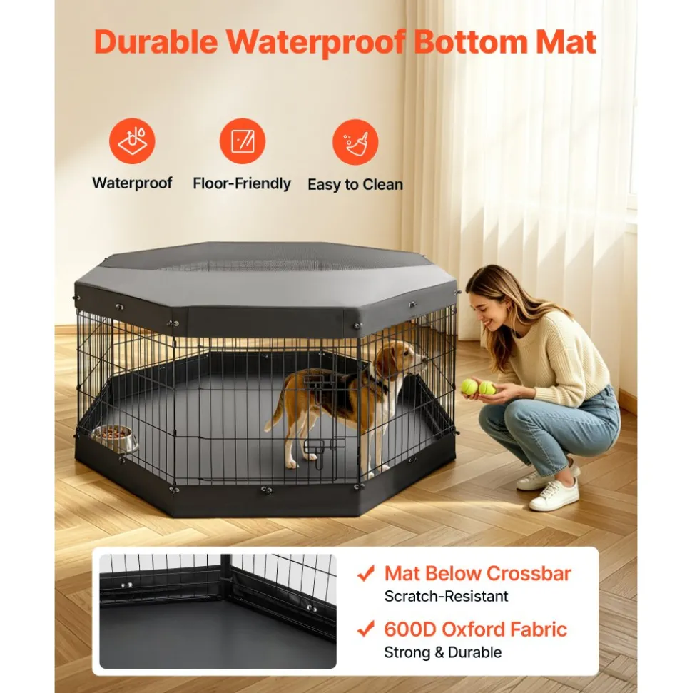VEVOR Dog Playpen 30 Inch 8 Panels Exercise Pen with Top Cover & Bottom Pad, Indoor Foldable Metal Pet Fence with Door, Heavy Duty Puppy Crate Kennel Pen for Dogs, Cats, and Other Small Animals, Black