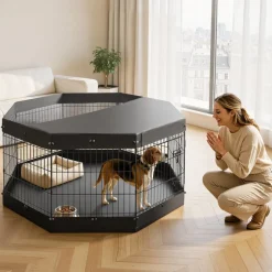 VEVOR Dog Playpen 30 Inch 8 Panels Exercise Pen with Top Cover & Bottom Pad, Indoor Foldable Metal Pet Fence with Door, Heavy Duty Puppy Crate Kennel Pen for Dogs, Cats, and Other Small Animals, Black