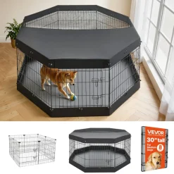 VEVOR Dog Playpen 30 Inch 8 Panels Exercise Pen with Top Cover & Bottom Pad, Indoor Foldable Metal Pet Fence with Door, Heavy Duty Puppy Crate Kennel Pen for Dogs, Cats, and Other Small Animals, Black