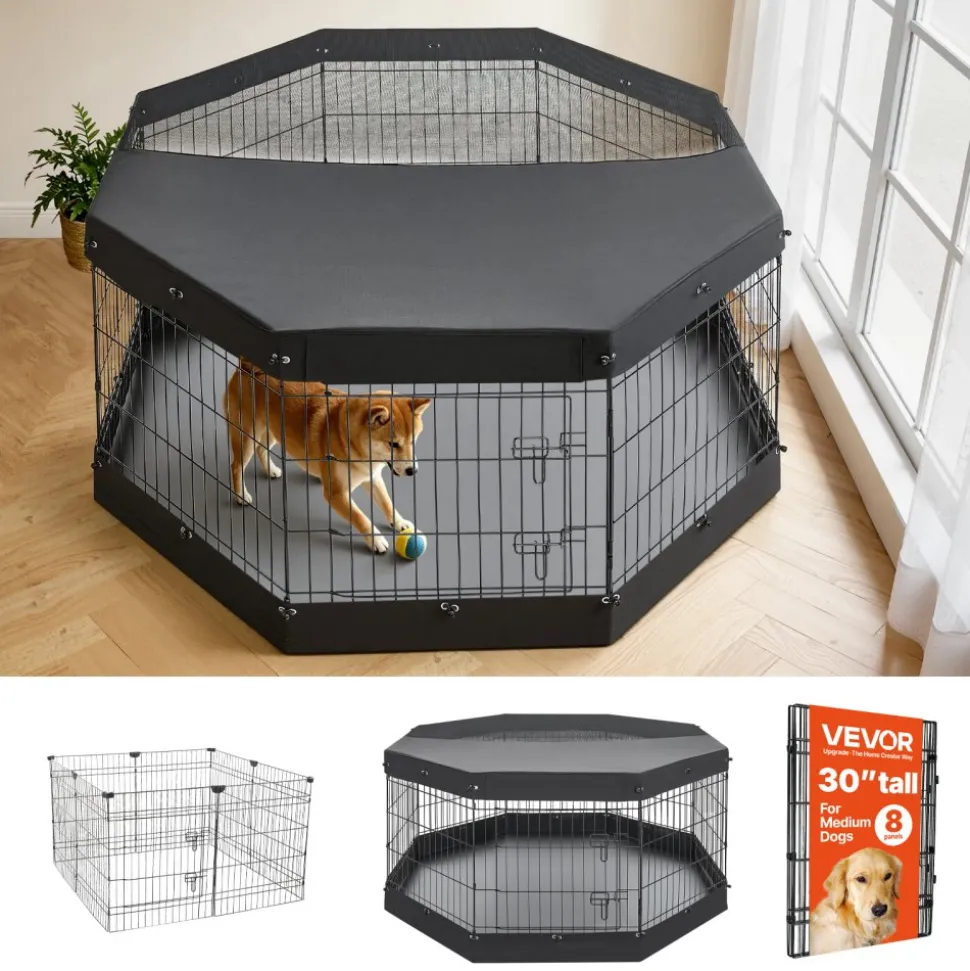 VEVOR Dog Playpen 30 Inch 8 Panels Exercise Pen with Top Cover & Bottom Pad, Indoor Foldable Metal Pet Fence with Door, Heavy Duty Puppy Crate Kennel Pen for Dogs, Cats, and Other Small Animals, Black
