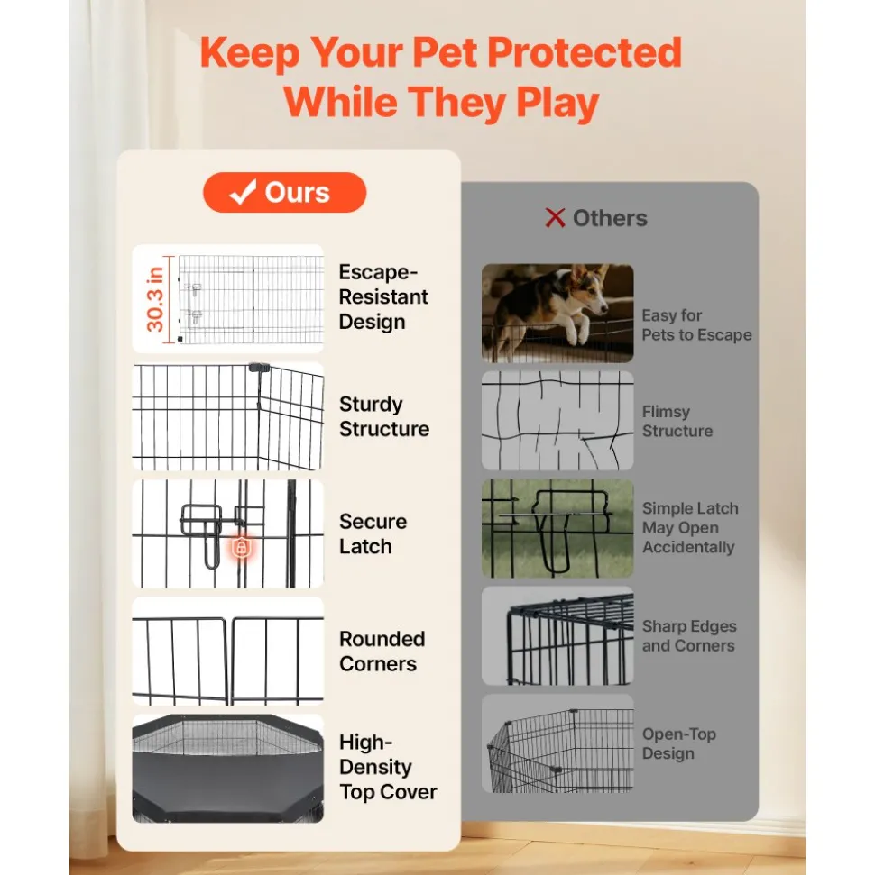 VEVOR Dog Playpen 30 Inch 8 Panels Exercise Pen with Top Cover & Bottom Pad, Indoor Foldable Metal Pet Fence with Door, Heavy Duty Puppy Crate Kennel Pen for Dogs, Cats, and Other Small Animals, Black