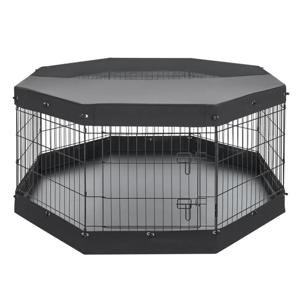 VEVOR Dog Playpen 30 Inch 8 Panels Exercise Pen with Top Cover & Bottom Pad, Indoor Foldable Metal Pet Fence with Door, Heavy Duty Puppy Crate Kennel Pen for Dogs, Cats, and Other Small Animals, Black
