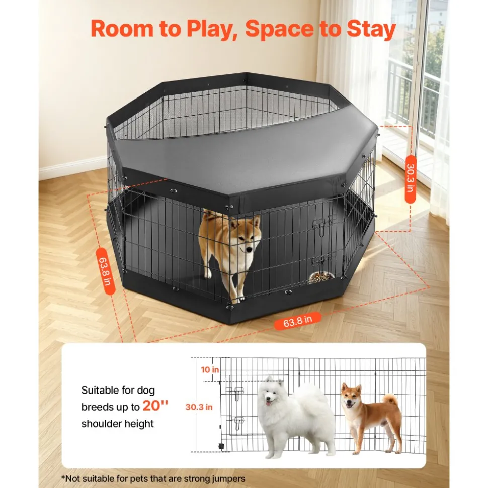 VEVOR Dog Playpen 30 Inch 8 Panels Exercise Pen with Top Cover & Bottom Pad, Indoor Foldable Metal Pet Fence with Door, Heavy Duty Puppy Crate Kennel Pen for Dogs, Cats, and Other Small Animals, Black
