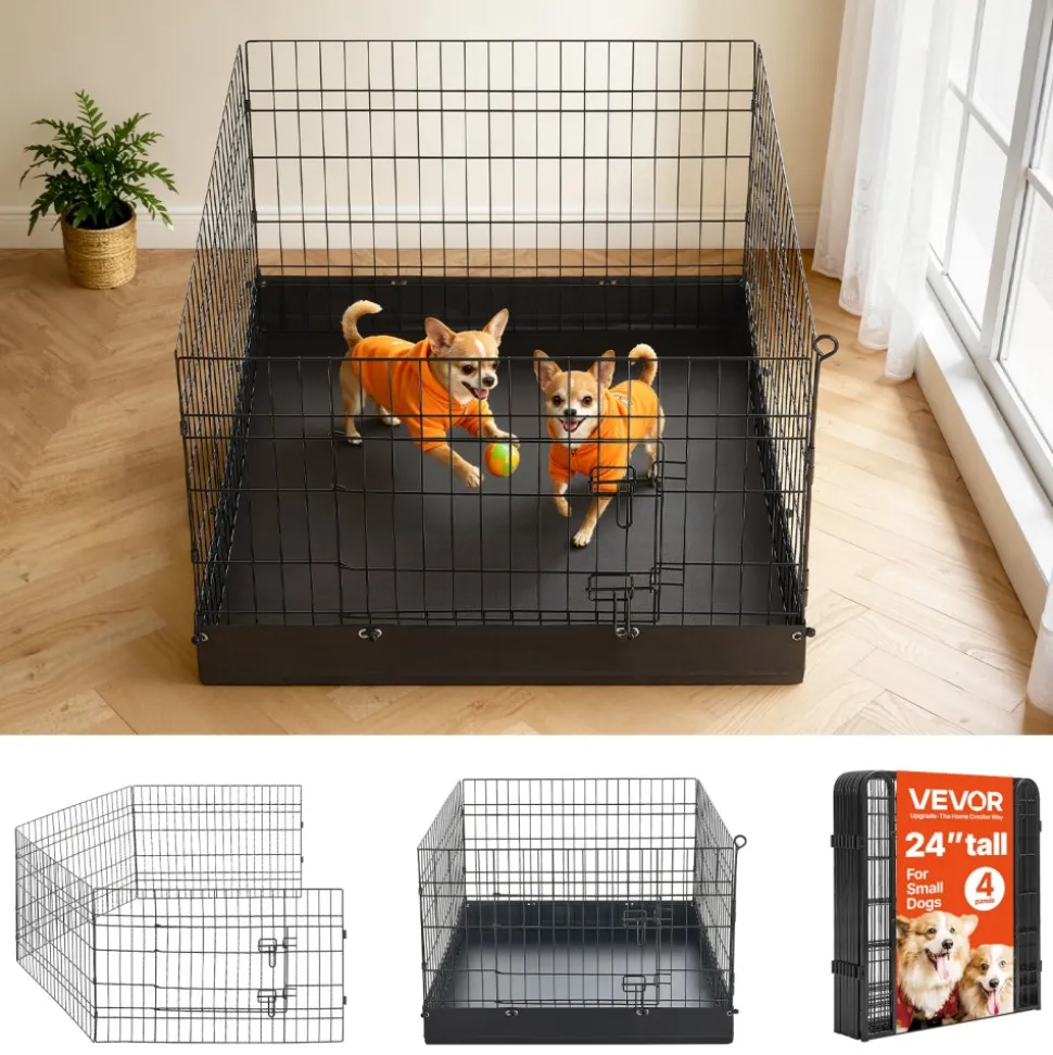 VEVOR Dog Playpen 24 Inch 4 Panels Foldable Exercise Pen with Bottom Pad, Indoor Metal Pet Fence with Door, Heavy Duty Puppy Crate Kennel, Pet Playpen for Dogs, Cats, and Other Small Animals, Black