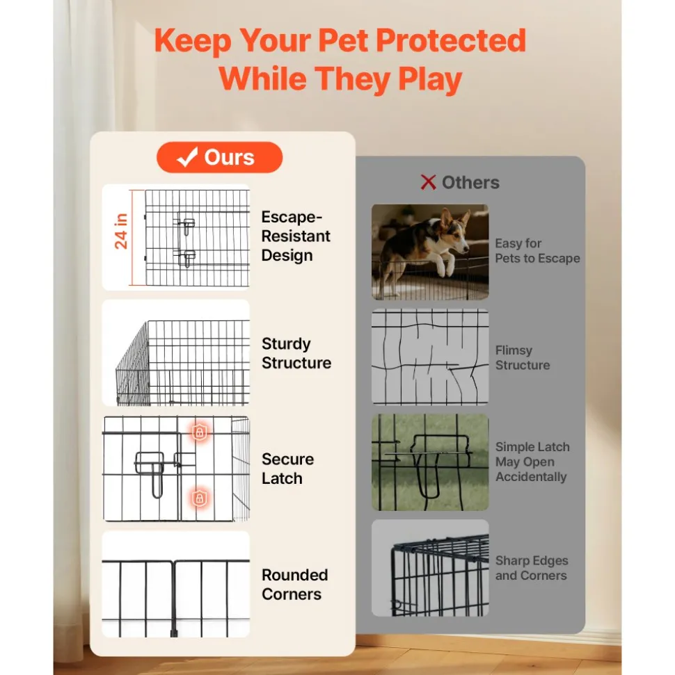 VEVOR Dog Playpen 24 Inch 4 Panels Foldable Exercise Pen with Bottom Pad, Indoor Metal Pet Fence with Door, Heavy Duty Puppy Crate Kennel, Pet Playpen for Dogs, Cats, and Other Small Animals, Black