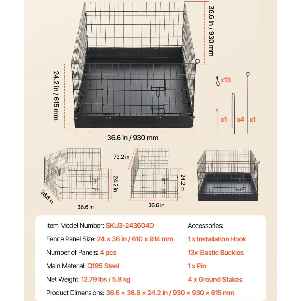 VEVOR Dog Playpen 24 Inch 4 Panels Foldable Exercise Pen with Bottom Pad, Indoor Metal Pet Fence with Door, Heavy Duty Puppy Crate Kennel, Pet Playpen for Dogs, Cats, and Other Small Animals, Black