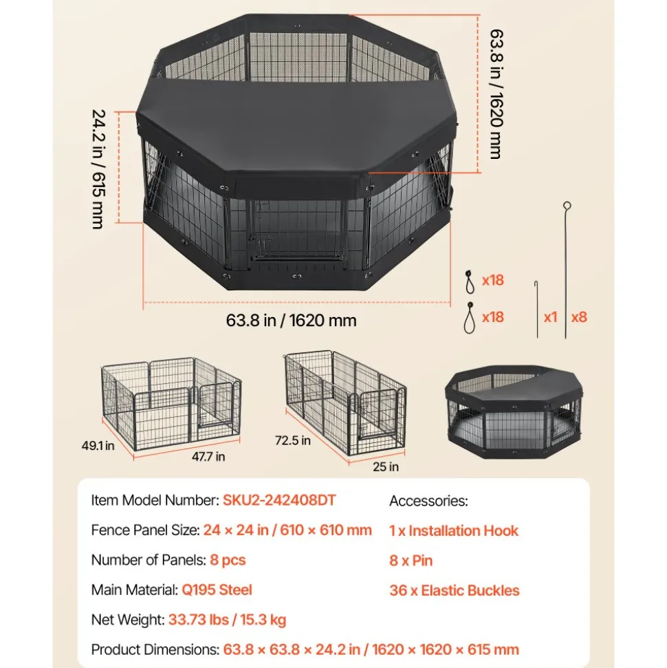 VEVOR Dog Playpen 24 Inch 8 Panels Heavy Duty with Top Cover & Bottom Pad, Indoor Foldable Metal Exercise Pen Pet Fence with Door, Puppy Crate Kennel Pen for Dogs, Cats, and Other Small Animals, Black