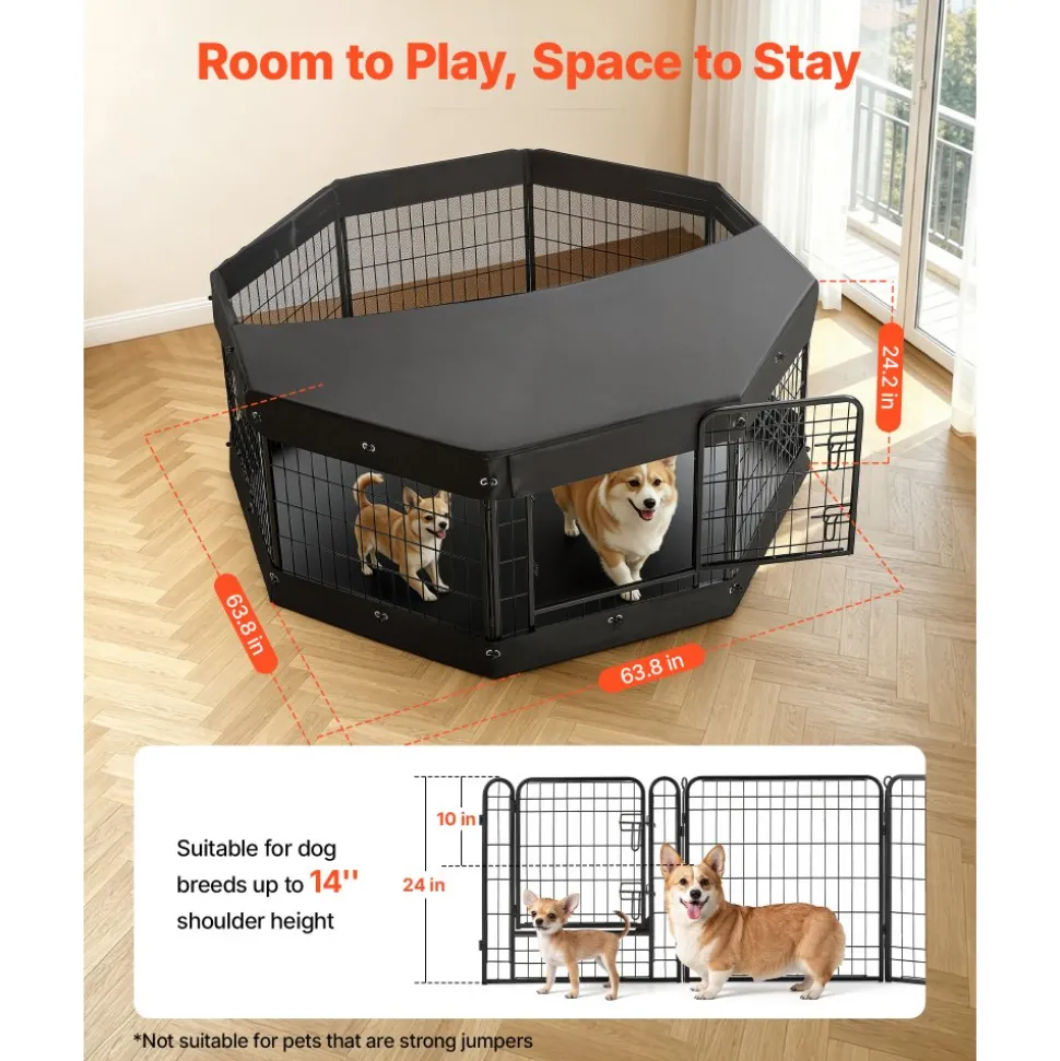 VEVOR Dog Playpen 24 Inch 8 Panels Heavy Duty with Top Cover & Bottom Pad, Indoor Foldable Metal Exercise Pen Pet Fence with Door, Puppy Crate Kennel Pen for Dogs, Cats, and Other Small Animals, Black