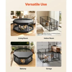 VEVOR Dog Playpen 24 Inch 8 Panels Heavy Duty with Top Cover & Bottom Pad, Indoor Foldable Metal Exercise Pen Pet Fence with Door, Puppy Crate Kennel Pen for Dogs, Cats, and Other Small Animals, Black