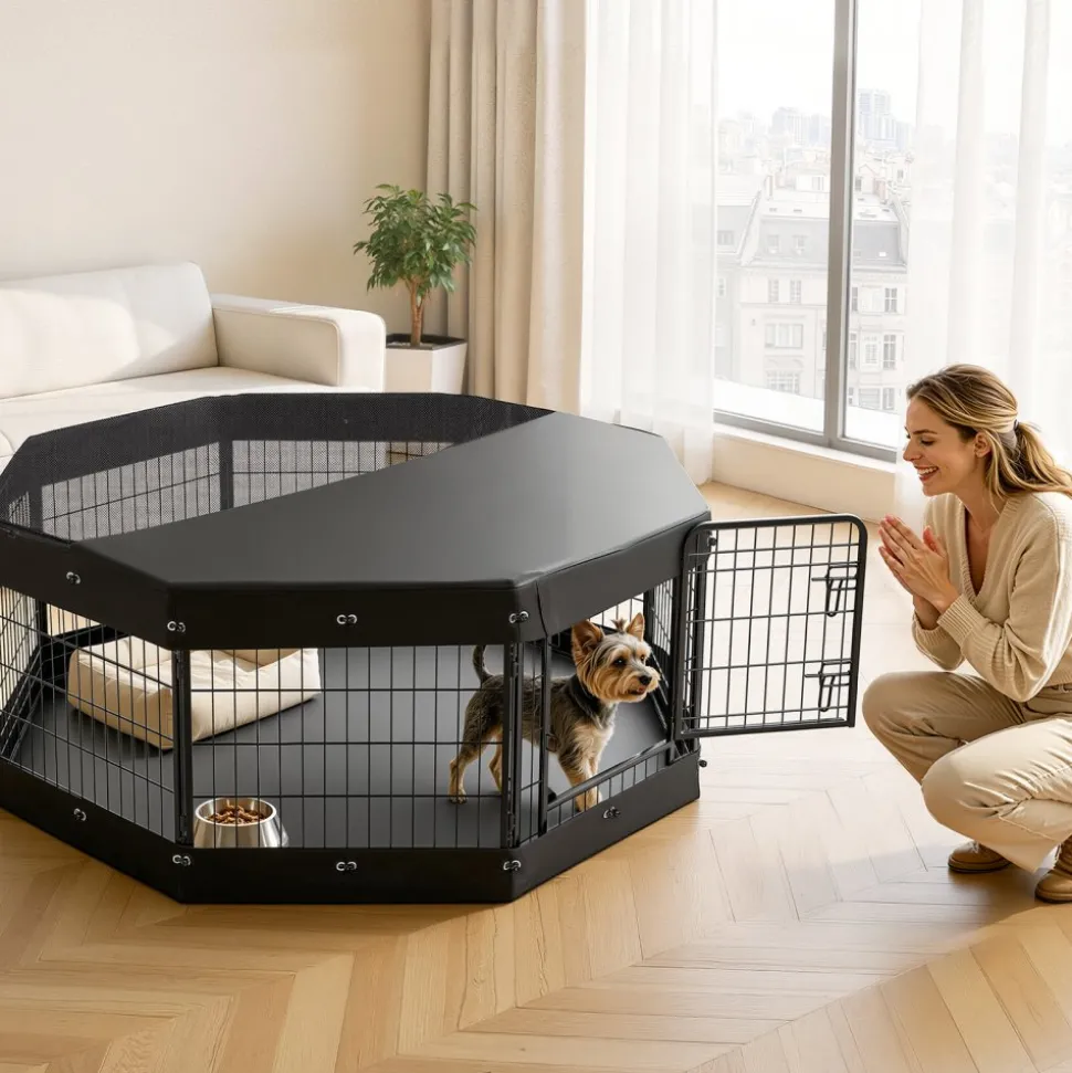 VEVOR Dog Playpen 24 Inch 8 Panels Heavy Duty with Top Cover & Bottom Pad, Indoor Foldable Metal Exercise Pen Pet Fence with Door, Puppy Crate Kennel Pen for Dogs, Cats, and Other Small Animals, Black
