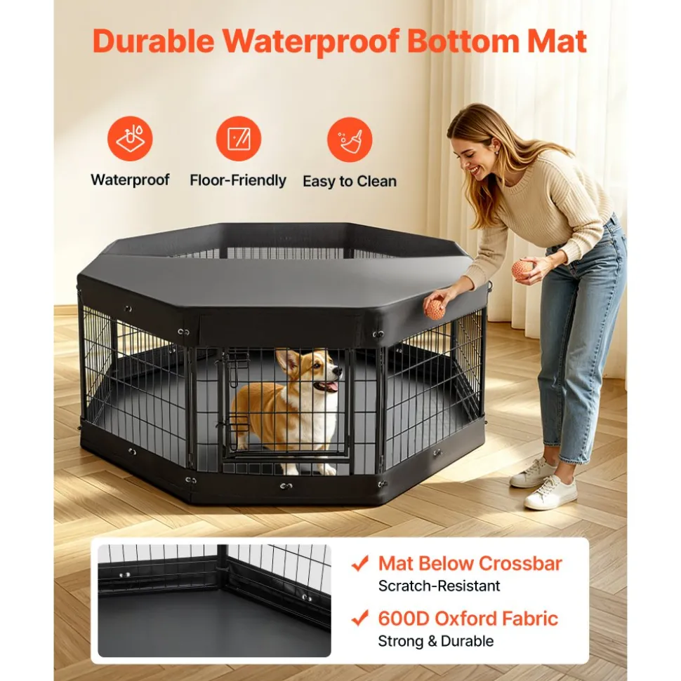 VEVOR Dog Playpen 24 Inch 8 Panels Heavy Duty with Top Cover & Bottom Pad, Indoor Foldable Metal Exercise Pen Pet Fence with Door, Puppy Crate Kennel Pen for Dogs, Cats, and Other Small Animals, Black