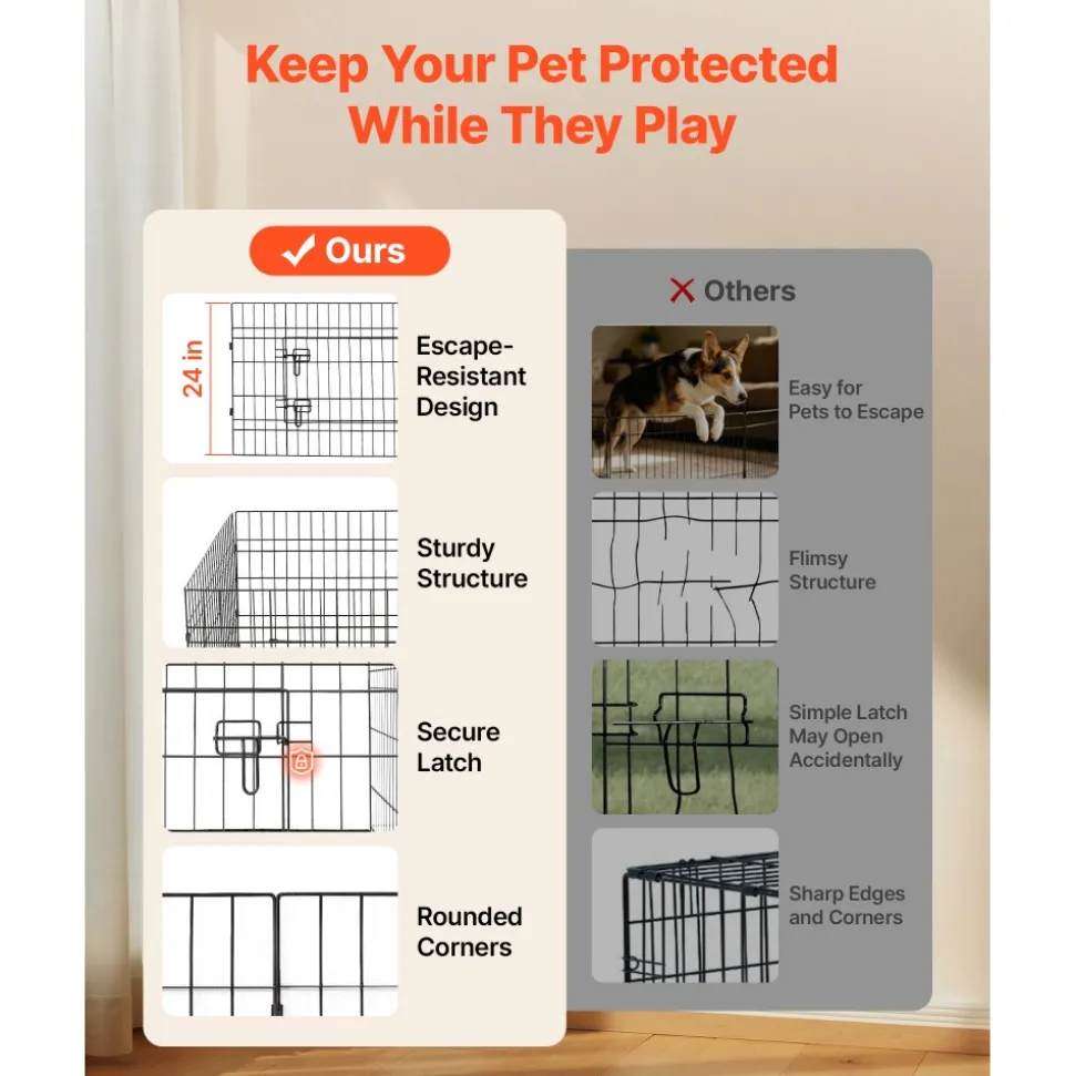 VEVOR Dog Playpen 24 Inch 8 Panels Heavy Duty with Top Cover & Bottom Pad, Indoor Foldable Metal Exercise Pen Pet Fence with Door, Puppy Crate Kennel Pen for Dogs, Cats, and Other Small Animals, Black
