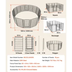 VEVOR Dog Playpen 40 Inch 16 Panels Foldable Metal Exercise Pen Pet Fence, Indoor/Outdoor Heavy Duty Puppy Crate Kennel with Door for Large/Small Dogs and Cats, Portable for RV Camping, Yard, Black