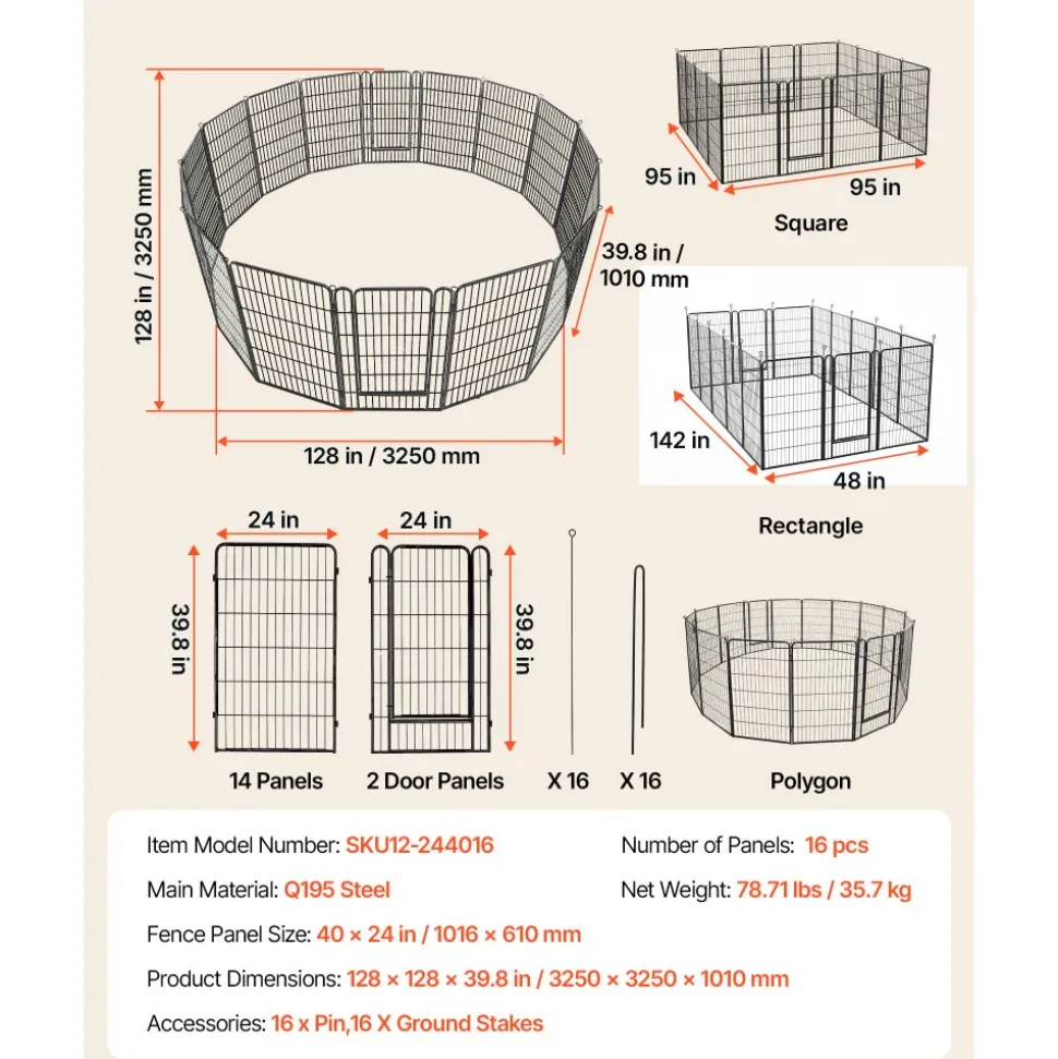 VEVOR Dog Playpen 40 Inch 16 Panels Foldable Metal Exercise Pen Pet Fence, Indoor/Outdoor Heavy Duty Puppy Crate Kennel with Door for Large/Small Dogs and Cats, Portable for RV Camping, Yard, Black