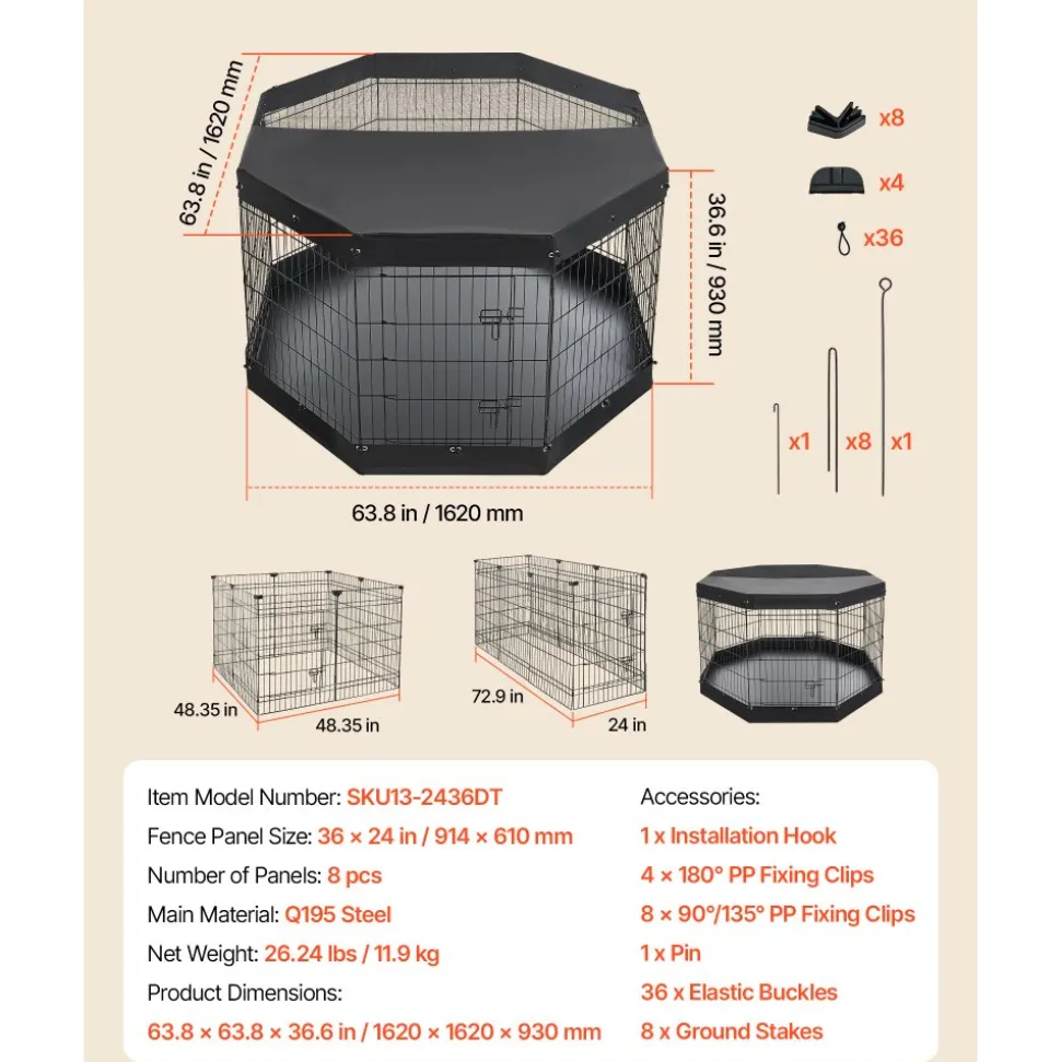 VEVOR Dog Playpen 36 Inch 8 Panels Exercise Pen with Top Cover & Bottom Pad, Indoor Foldable Metal Pet Fence with Door, Heavy Duty Puppy Crate Kennel Pen for Dogs, Cats, and Other Small Animals, Black