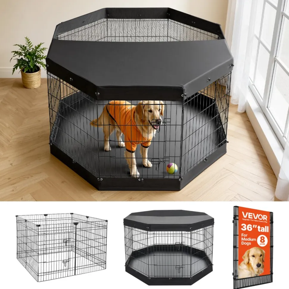VEVOR Dog Playpen 36 Inch 8 Panels Exercise Pen with Top Cover & Bottom Pad, Indoor Foldable Metal Pet Fence with Door, Heavy Duty Puppy Crate Kennel Pen for Dogs, Cats, and Other Small Animals, Black