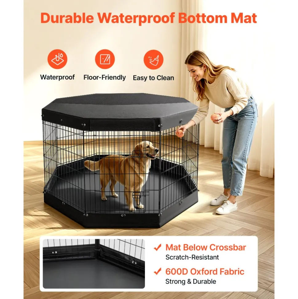 VEVOR Dog Playpen 36 Inch 8 Panels Exercise Pen with Top Cover & Bottom Pad, Indoor Foldable Metal Pet Fence with Door, Heavy Duty Puppy Crate Kennel Pen for Dogs, Cats, and Other Small Animals, Black