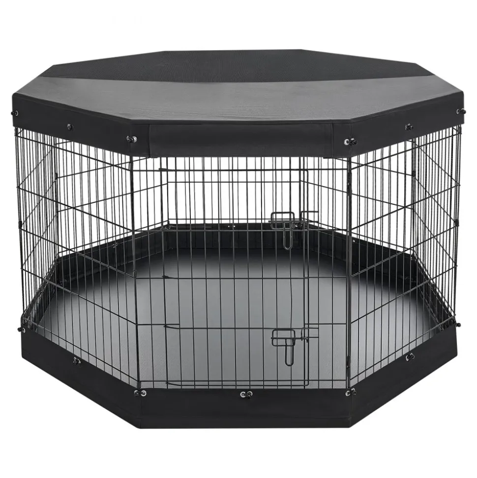 VEVOR Dog Playpen 36 Inch 8 Panels Exercise Pen with Top Cover & Bottom Pad, Indoor Foldable Metal Pet Fence with Door, Heavy Duty Puppy Crate Kennel Pen for Dogs, Cats, and Other Small Animals, Black