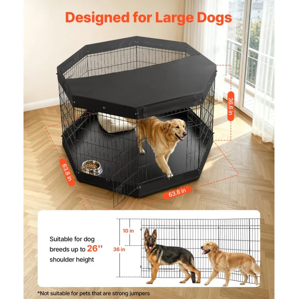VEVOR Dog Playpen 36 Inch 8 Panels Exercise Pen with Top Cover & Bottom Pad, Indoor Foldable Metal Pet Fence with Door, Heavy Duty Puppy Crate Kennel Pen for Dogs, Cats, and Other Small Animals, Black